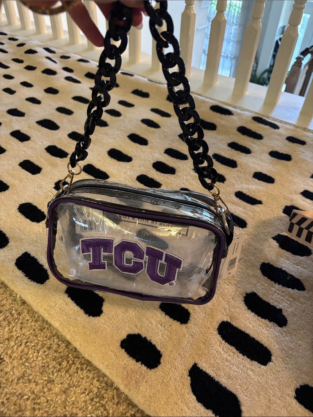 TCU Horned Frog Clear Crossbody Bag with Purple Trim and Black Chain